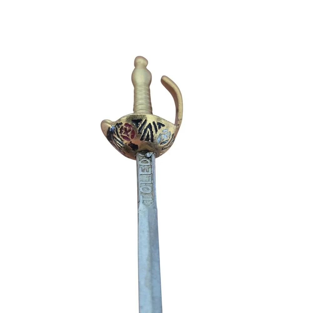 Vintage Toledo Spain Miniature Sword Cocktail Pick Set with Enameled Brass Stand - Picture 10 of 16